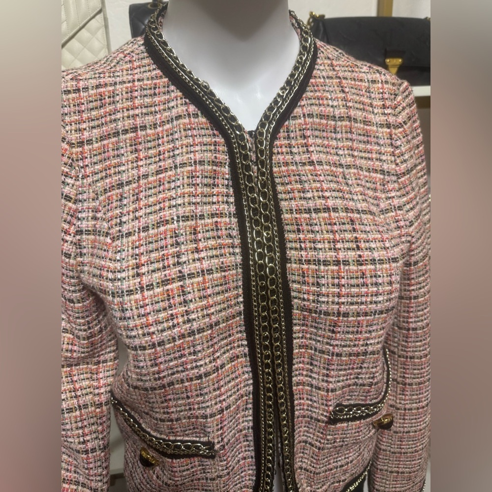 ZARA Tweed Gold Embellished Blazer Jacket - Picture 4 of 11